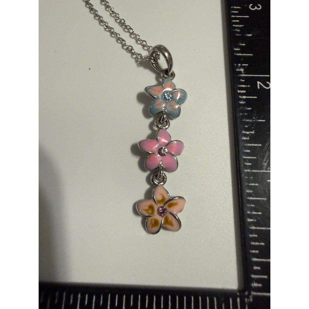 Silver Tone Three Tiered Enamel Flower Pendant Necklace Blue Pink Peach Floral - Picture 2 of 3